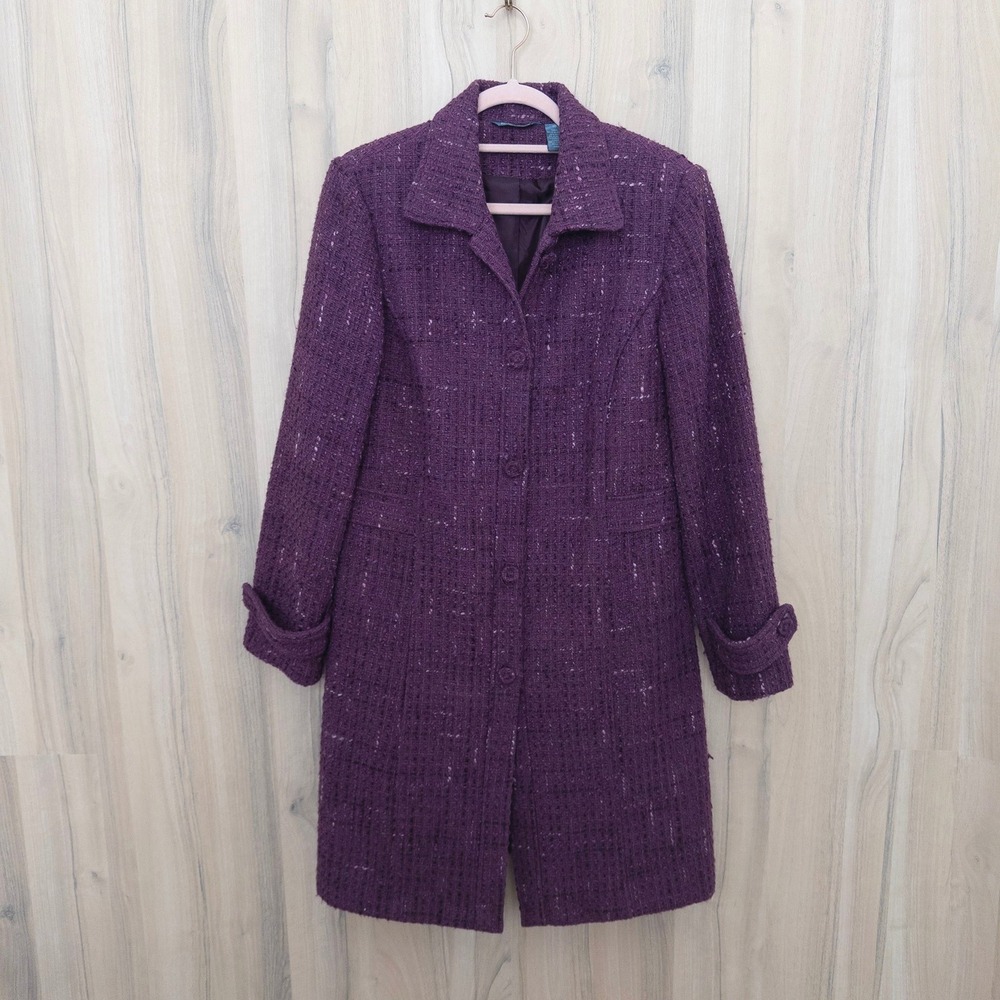 Hillard & Hanson Womens Wool Blend Trench Coat 10 Purple Tweed Preppy Classic